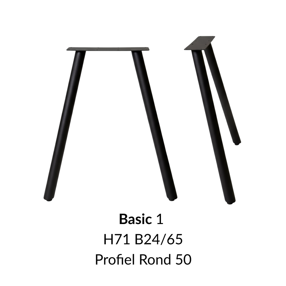 Metalen onderstel Basic 1 zwart RAL9005 - 24x65cm. Profiel Ø50mm set 2 stuks