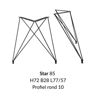 Metalen onderstel Star zwart RAL9005 - 28x77cm breed. Profiel Ø10mm set 2 stuks