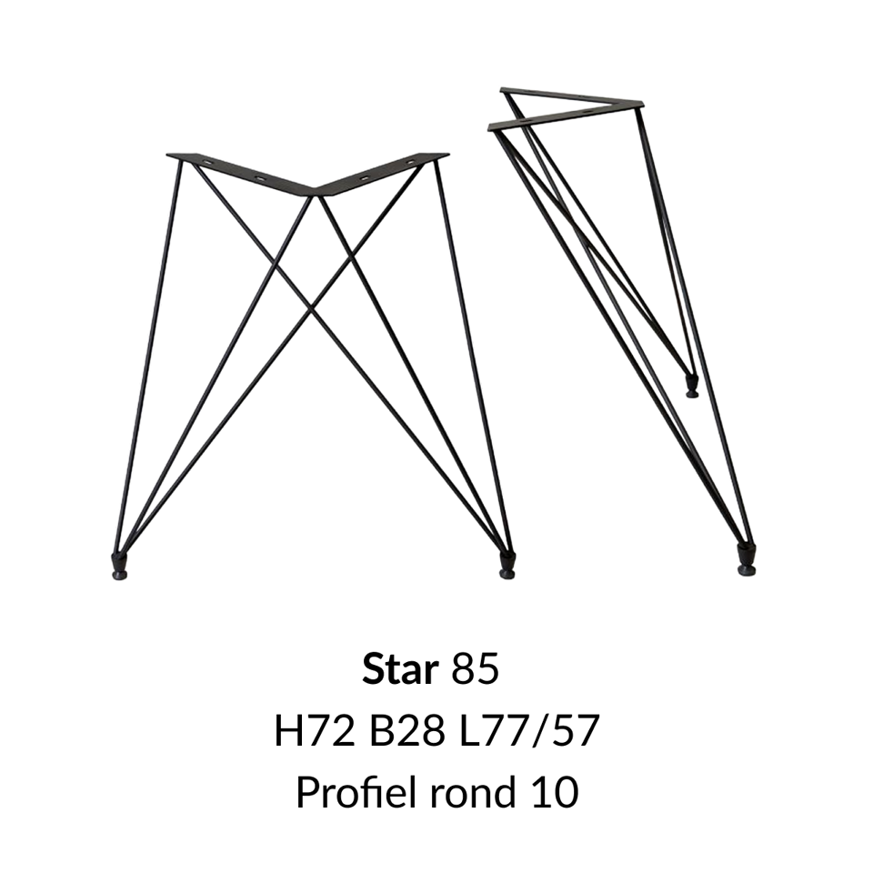 Metalen onderstel Star zwart RAL9005 - 28x77cm breed. Profiel Ø10mm set 2 stuks