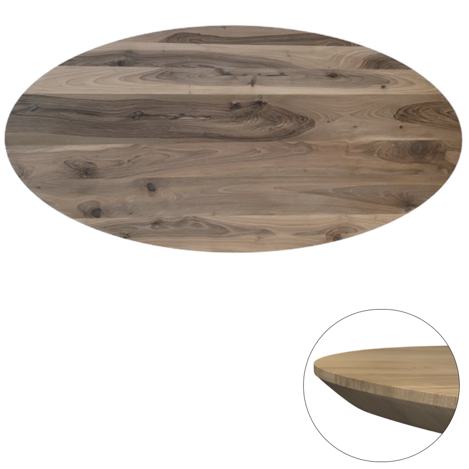 Tafelblad Europees walnoot ovaal facet kant 40mm 2600x1200 onbehandeld